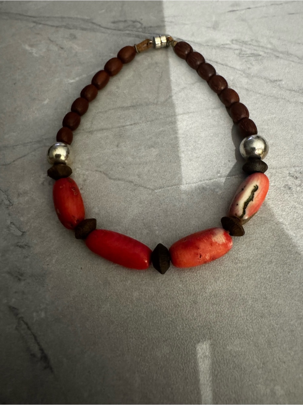 Handmade Red Beaded Women’s Bracelet with Wood and Silver Accents